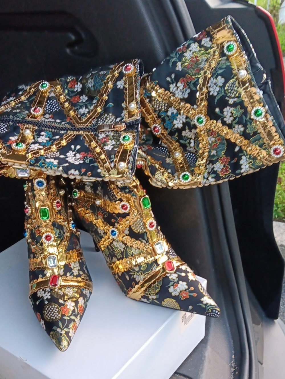 Gold-Embellished Black Floral Pointed Toe Heeled Boots